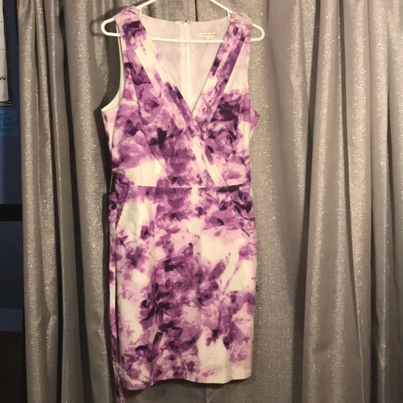 White and Purple Pleated Knee Length Dress